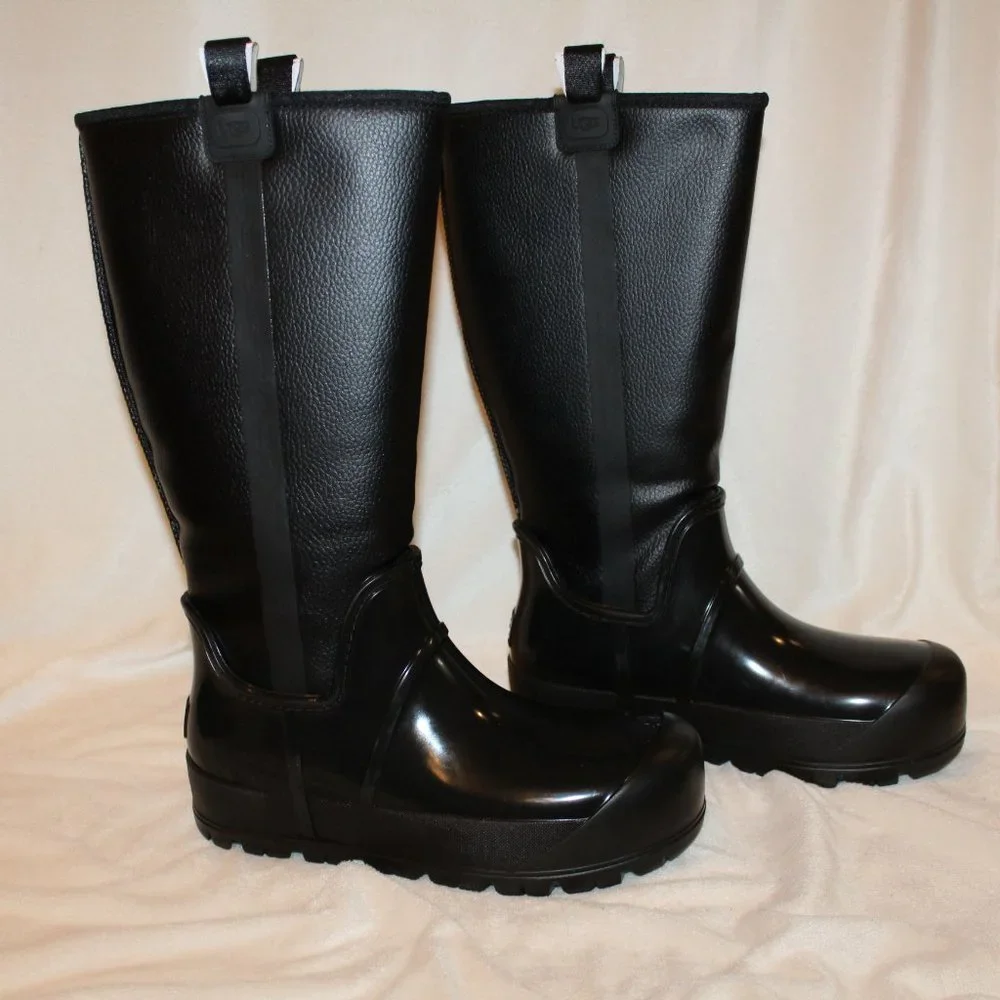 NIB UGG RAINCLOUD TALL LEATHER SHEARLING LINED‎ WINTER RAIN BOOTS BLACK - Picture 2 of 7